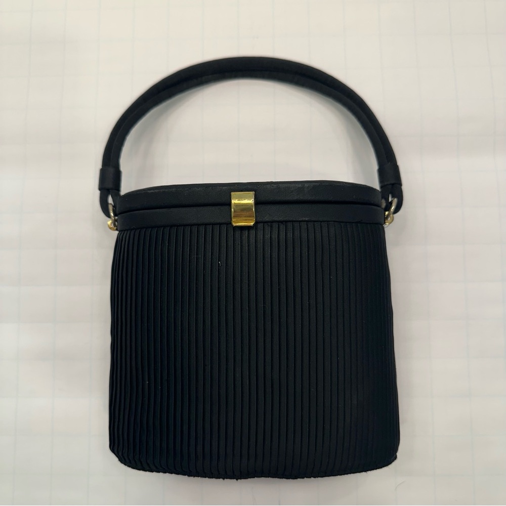 Vintage Ingber Black Pintucked Satin Oval Box Purse Evening Holiday Bag w/Mirror